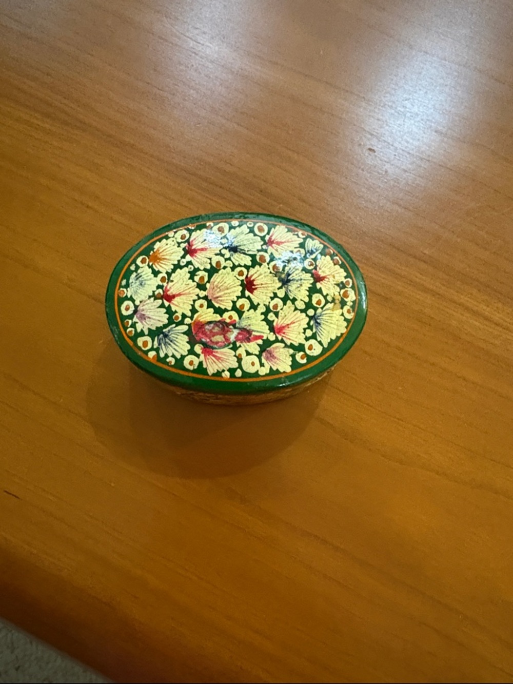 Hand-Painted Oval Trinket Box from Kashmir— Green Floral Design. Multi purpose.